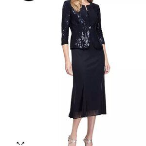 NWT ALEX EVENINGS Navy Blue Sequined A-ine Midi Petite Dress & Jacket - Size 12P